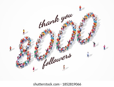 8K Followers. Group of business people are gathered together in the shape of 8000 word, for web page, banner, presentation, social media, Crowd of little people. Teamwork.