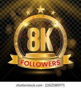 8K Followers Logotype with Gold and red Confetti Isolated on Black Background (PNG), Vector Design for Greeting Card and Social Media.