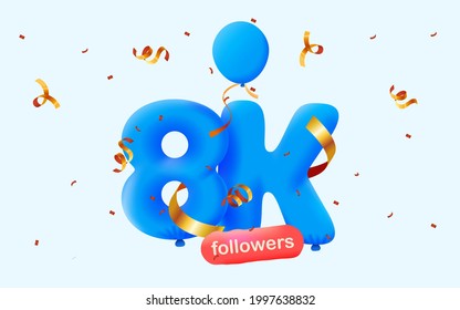 8K followers thank you 3d blue balloons and colorful confetti. Vector illustration 3d numbers for social media 8000 followers, Thanks followers, blogger celebrates subscribers, likes