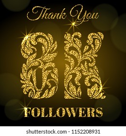 8K Followers. Thank you banner. Decorative Font with swirls and floral elements. Golden letters with sparks on a dark background.