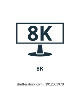 Icono 8K. Elemento monocromo de la colección de tecnología. Icono 8K para banners, infografías y plantillas.