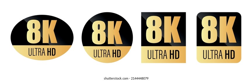 8K ULTRA HD Icon. Vector 8K Symbol Of High Definition Monitor Display Resolution Standard. Gold Label