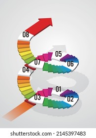 Infografik auf 8 Ebenen mit Spiraltreppe und Pfeilen Vektorgrafik