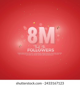 8M Follower celebration, 8M Pink Number on Red background with sparkling confetti, Thank you followers, 8M online social festive banner, 9M