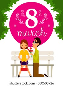 8-march illustration. Banner or greeting card design. Boy give flower to his girlfriend.  