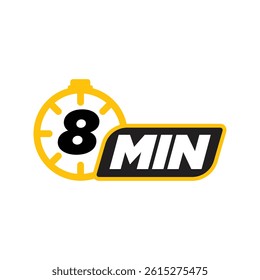 8-Minute Timer Illustration - Bright Yellow Stopwatch Icon with Prominent '8 MIN' Text on Black Background - Ideal for Time Management, Scheduling, and Productivity Graphics