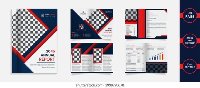 8page Bifold Brochure design with deep blue and red color abstract shapes and Information.	