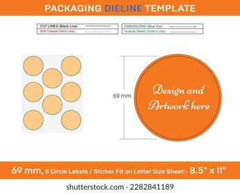 8pcs 69 mm CIRCLE labels sticker dieline template