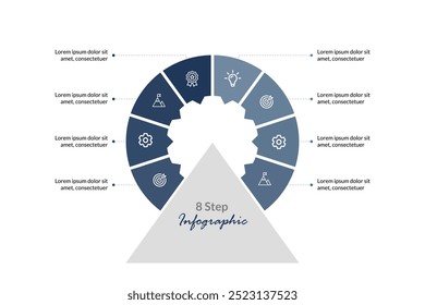 8-Schritt-Kreis-Infografik-Vorlage: Vektorlabelentwurf für Prozessdiagramme, Präsentationen, Workflow-Layouts, Banner und Flussdiagramme. Ideal für klare, professionelle Infografiken und Business Visuals