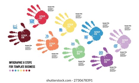 8-step infographic with handprint illustration vector, creative 8-step infographic. Vector editable eps