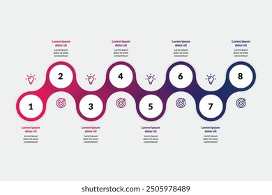 Vorlage für 8-stufige Infografik-Illustrationen: Mit Symbolen und einer Zeitleiste. Perfekt für Präsentationen, Layouts, Banner und Prozessvisuals. Modernes und fesselndes Design.