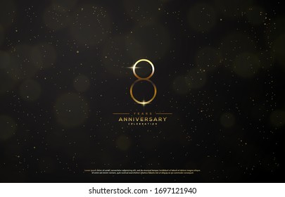 8th anniversary background with an illustration of golden figures there is a ray of light in front of a black background.