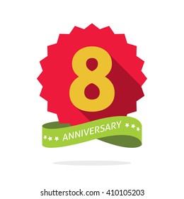 8th anniversary badge with shadow on red starburst and yellow number 8 (eight). 8 years anniversary icon. Eighth years symbol, ribbon, vector emblem isolated on white