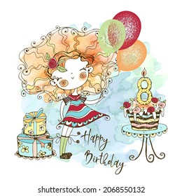 8th anniversary. Birthday card with a cute red-haired girl with balloons and gifts, in the technique of watercolor and Doodle style. Vector.