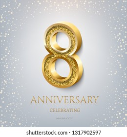 8th Anniversary Celebrating golden text and confetti on light blue background. Vector celebration 8 anniversary event template