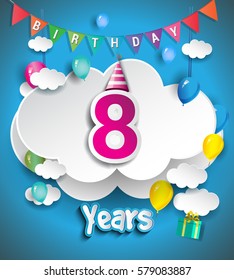 8th Anniversary Celebration Design, with clouds and balloons, confetti. Vector template elements for your, eight years birthday celebration party.