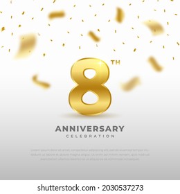 8th anniversary celebration with gold glitter color and white background. Vector design for celebrations, invitation cards and greeting cards.