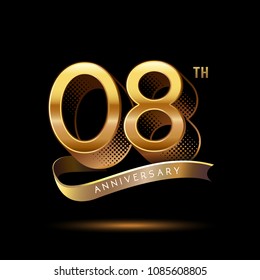 8th Anniversary celebration logotype colored with shiny gold, using ribbon and isolated on black background