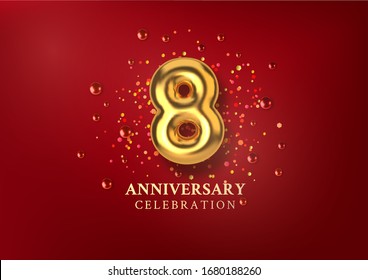 8th Anniversary celebration. Number in the form of golden balloons. Realistic 3d gold numbers and sparkling confetti, glitters. Horizontal template for Birthday or wedding event. Vector illustration