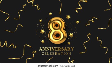 8th Anniversary celebration. Number in the form of golden balloons. Realistic 3d gold numbers and sparkling confetti, serpentine. Horizontal template for Birthday or wedding event. Vector illustration