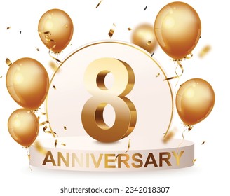 8th Anniversary celebration podium background with gold confetti and balloons