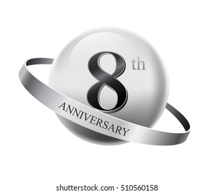 8th anniversary celebration with silver ring on white isolated background