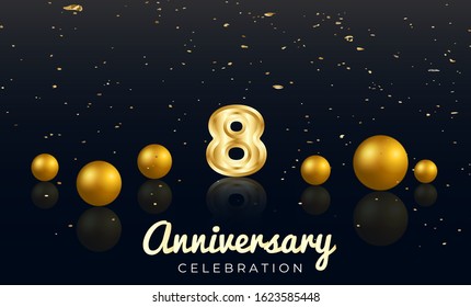 8th Anniversary celebration Vector background by using two colors in the design between gold and red, Golden number 8 with Realistic 3d sign & gold Sphere for Birthday or wedding party 
