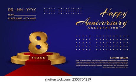 8th anniversary celebration vector template with 3D numbers style and golden stage, Vector template