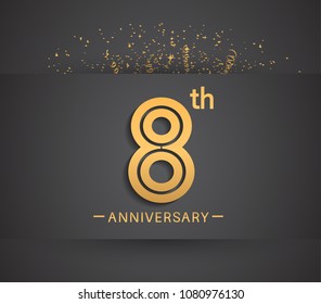 8th anniversary design for company celebration event with golden multiple line and confetti isolated on dark background 