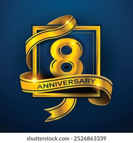 Diseño del 8º aniversario de una cinta dorada envuelta alrededor del número '8' sobre un fondo azul oscuro. Perfecto para celebrar hitos o promover eventos de aniversario con un lujo.