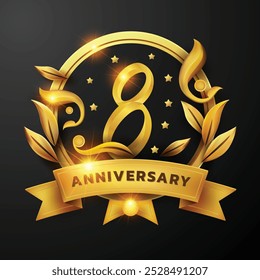 Diseño del octavo aniversario de una cinta de oro y una hoja de oro Decorado alrededor del número '8' sobre un fondo negro. Perfecto para celebrar hitos o promover eventos de aniversario con un lujo.