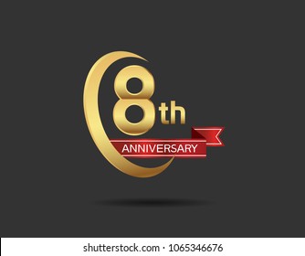8th anniversary design logotype golden color with swoosh ring and red ribbon for celebration isolated on dark background
