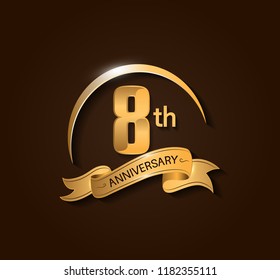 8th Anniversary design logotype. Anniversary logo design with swoosh and elegance golden ribbon. Vector template for use celebration, invitation card, and greeting card