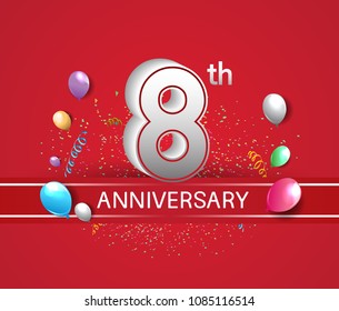 8th anniversary design red background with balloons and confetti for company celebration event 