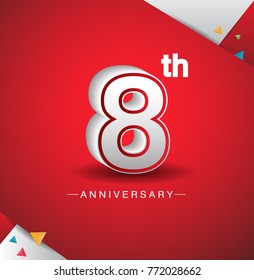 8th anniversary design with white number  on red background and confetti for celebration