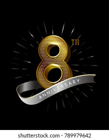 8th Anniversary fireworks and ahiny ribbon. gold anniversary logo on black background