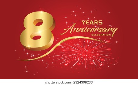 8th Anniversary fireworks and celebration background.Golden 3D lettering and a gold ribbon on dark red background,vector design for celebration, invitation card, and greeting card.