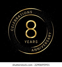 8th anniversary, golden anniversary with a circle, line, and glitter on a black background.