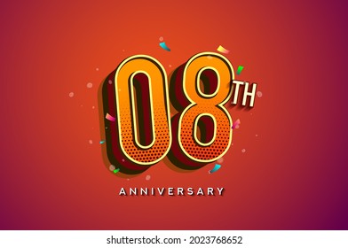 8th Anniversary Logo Design With Colorful Confetti, Birthday Greeting card with Colorful design elements for banner and invitation card of anniversary celebration.
