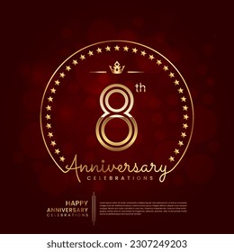 Logo del 8º aniversario con número de línea doble y texto dorado para la celebración del cumpleaños, invitación, afiche de banner, volante y tarjeta de saludo, plantilla de vector