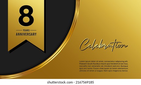 8th anniversary logo with golden ribbon for booklets, leaflets, magazines, brochure posters, banners, web, invitations or greeting cards. Vector illustration.