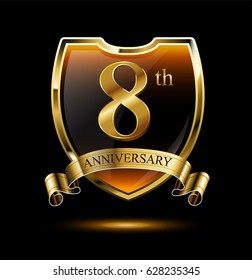 8th anniversary logo with golden shield and ribbon. Vector illustration celebration template