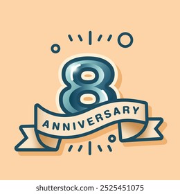 A 8th anniversary logo on a cream-brown pastel background, designed in a flat style. The celebration features the number with a matching tone vector ribbon and simple background design elements.