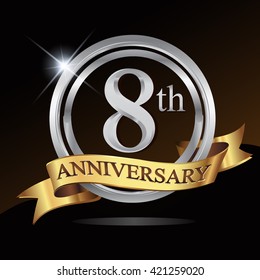 8th anniversary logo, with shiny silver ring and gold ribbon isolated on black background. vector design for birthday celebration.