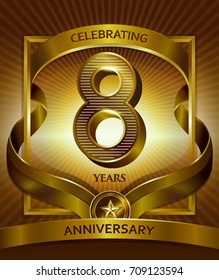 8th anniversary logo. Vector and illustration shiny gold ribbon