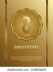 8.º logotipo de aniversario. Diseño de planilla de celebración del aniversario con anillo de oro para folletos, folletos, revistas, póster de folleto, banner, web, invitación o tarjeta de saludo. Ilustraciones vectoriales.