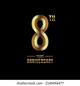 Logotipo del 8° Aniversario. Diseño de planilla de celebración del aniversario con anillo de oro para folletos, folletos, revistas, póster de folleto, banner, web, invitación o tarjeta de saludo. Ilustraciones vectoriales.