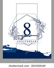8. Jubiläumslogotype mit handgezeichnet blauer Hintergrundfarbe für Feierlichkeiten, Hochzeit, Grußkarte und Einladung.