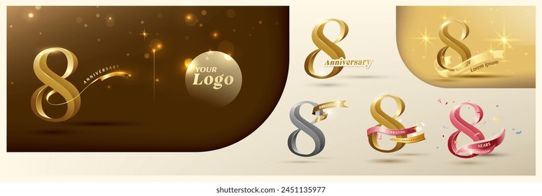 Logotipo del octavo aniversario número de oro moderno con cinta brillante. Logotipo alternativo número de la celebración del aniversario de oro