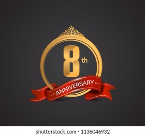 8th anniversary logotype style design luxury  golden color and ornament with warp red ribbon for company celebration event